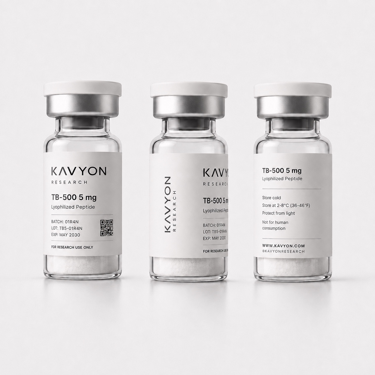 TB-500 5 mg — same vial shown from three angles